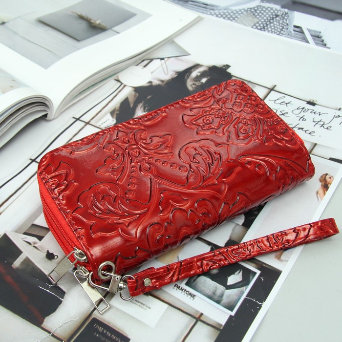 Кошелёк женский, 4 отдела на 2 молниях, для карт, для монет, с ручкой, цвет красный