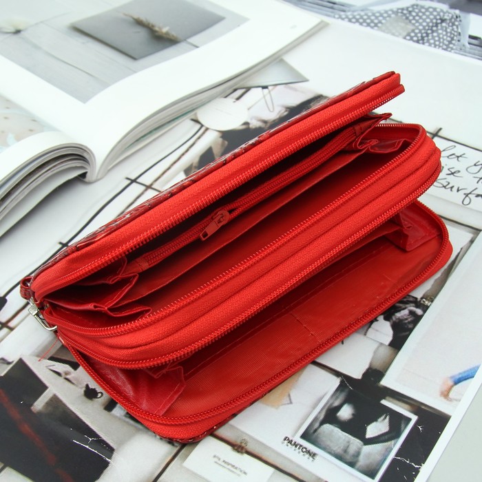 Кошелёк женский, 4 отдела на 2 молниях, для карт, для монет, с ручкой, цвет красный