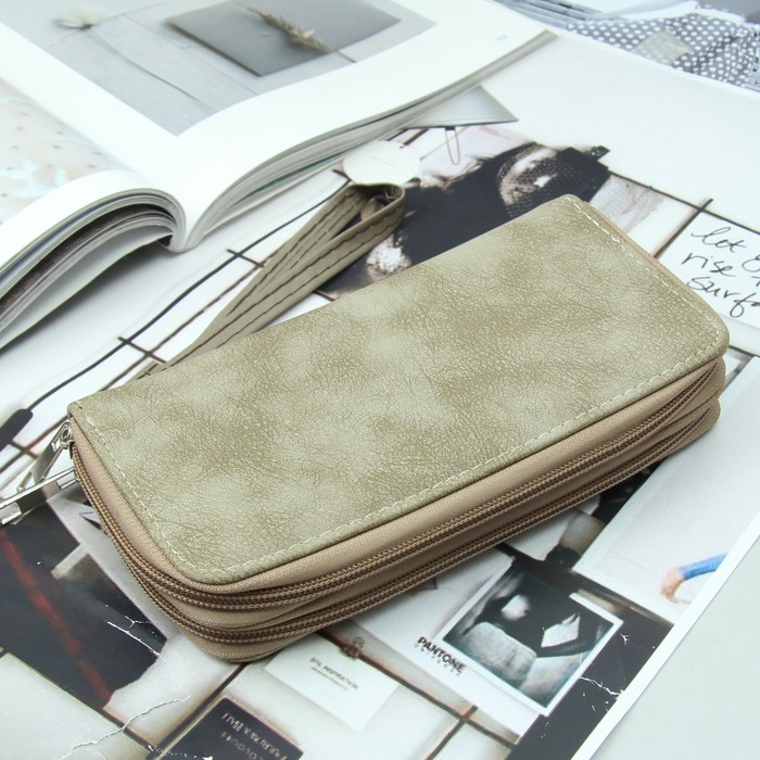 Кошелёк женский, 4 отдела на 2 молниях, для карт, для монет, с ручкой, цвет хаки