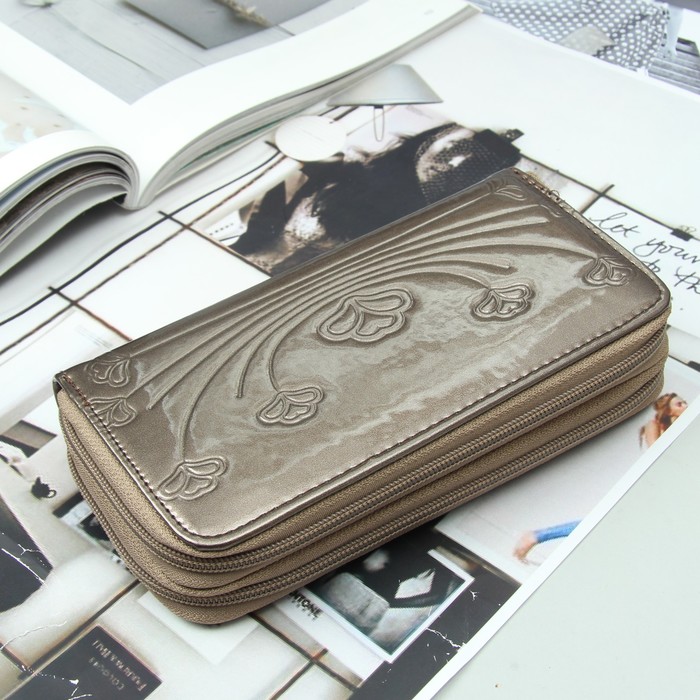 Кошелёк женский, 4 отдела на 2 молниях, для карт, для монет, с ручкой, цвет бронзовый