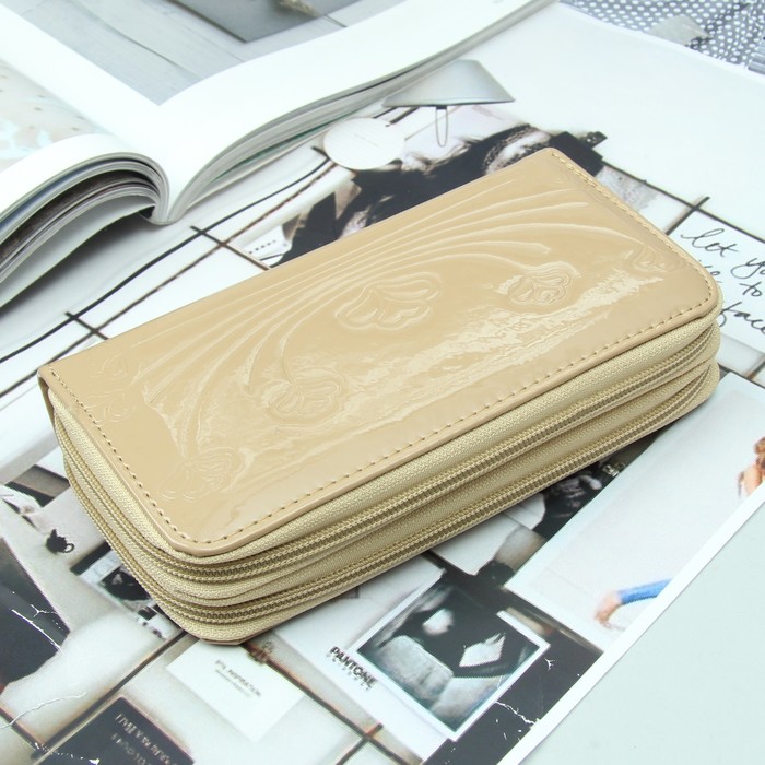 Кошелёк женский, 4 отдела на 2 молниях, для карт, для монет, с ручкой, цвет бежевый