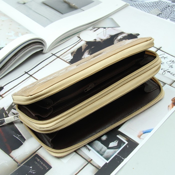 Кошелёк женский, 4 отдела на 2 молниях, для карт, для монет, с ручкой, цвет бежевый