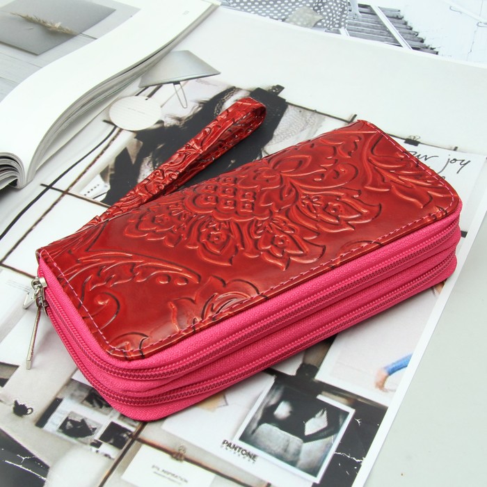 Кошелёк женский, 4 отдела на 2 молниях, для карт, для монет, с ручкой, цвет красный