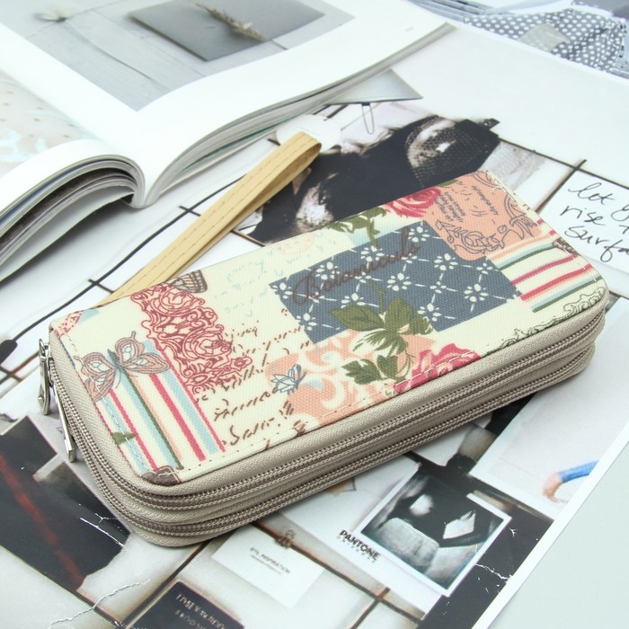 Кошелёк женский, 4 отдела на 2 молниях, для карт, для монет, с ручкой, цвет бежевый