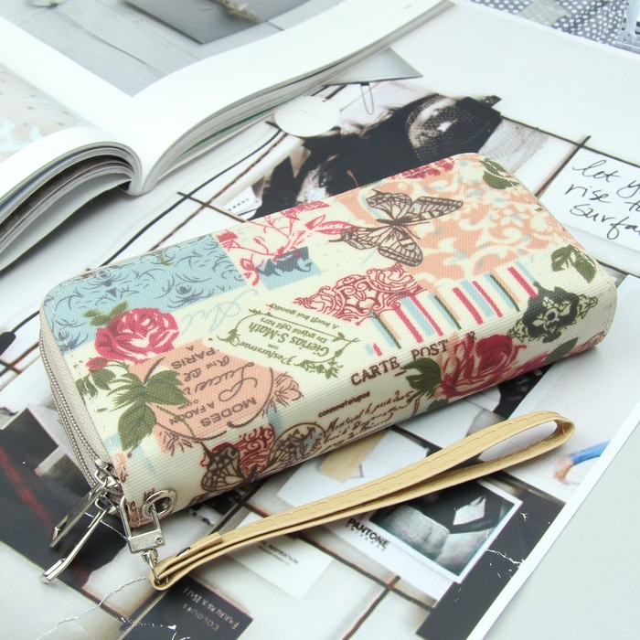 Кошелёк женский, 4 отдела на 2 молниях, для карт, для монет, с ручкой, цвет бежевый