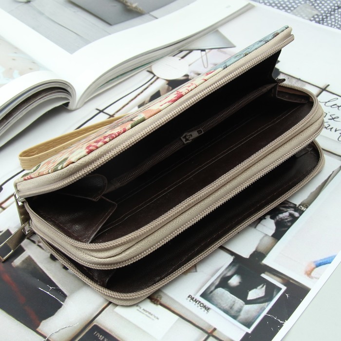 Кошелёк женский, 4 отдела на 2 молниях, для карт, для монет, с ручкой, цвет бежевый