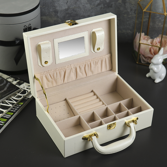 Шкатулка кожзам для украшений чемодан "Крупная клетка" белая 9х25х17,3 см