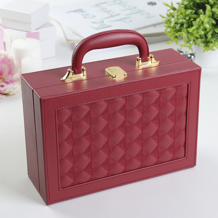 Шкатулка кожзам для украшений чемодан "Крупная клетка" красная 9х25х17,3 см