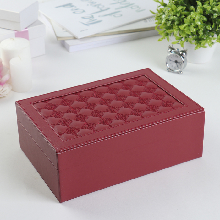 Шкатулка кожзам для украшений чемодан "Крупная клетка" красная 9х25х17,3 см