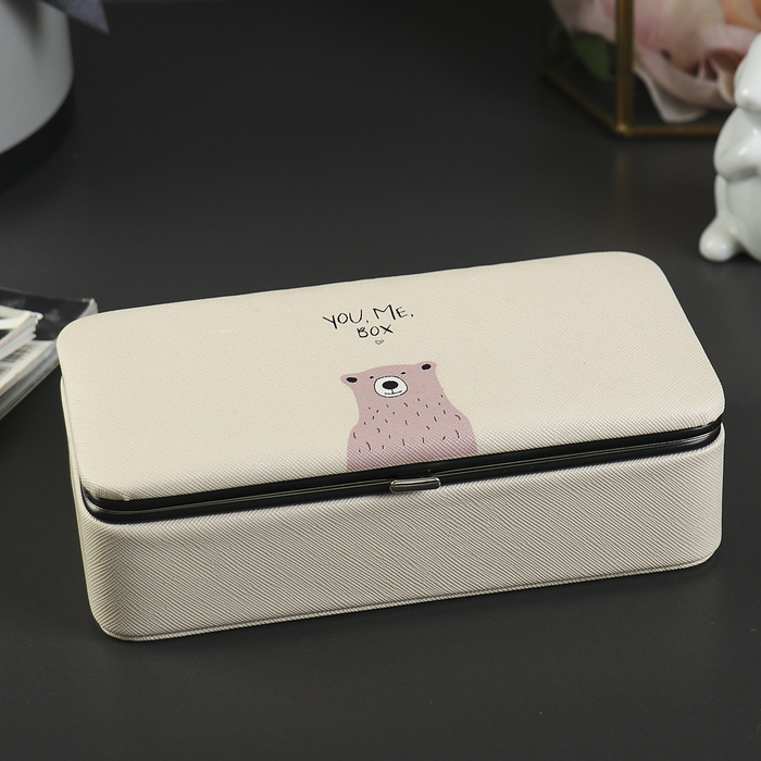 Шкатулка кожзам для украшений "Мишка" белая 5,5х18,5х9,5 см