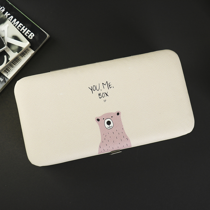 Шкатулка кожзам для украшений "Мишка" белая 5,5х18,5х9,5 см