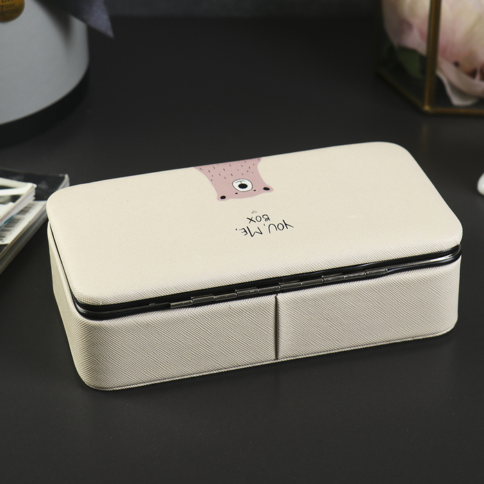 Шкатулка кожзам для украшений "Мишка" белая 5,5х18,5х9,5 см