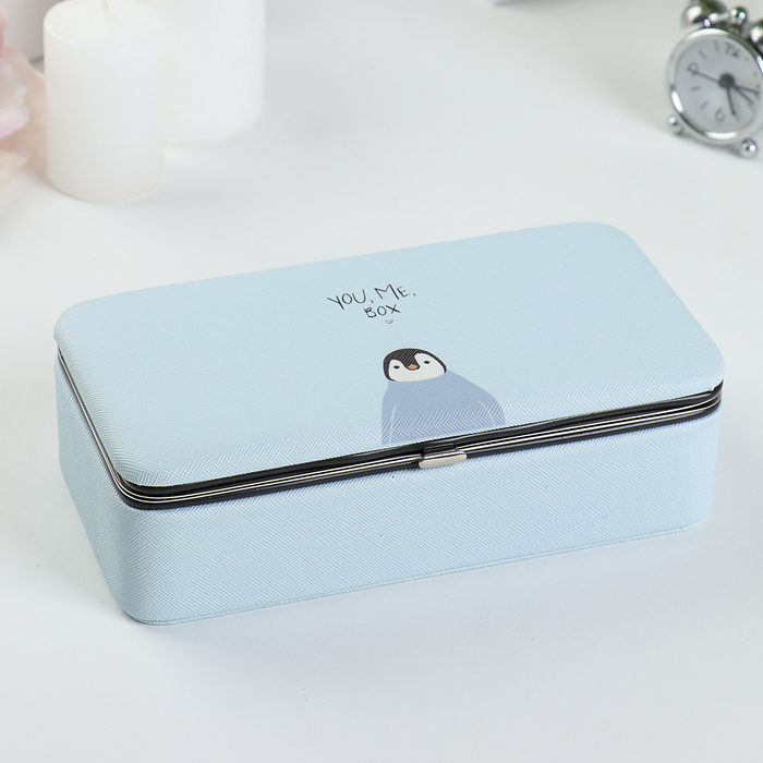 Шкатулка кожзам для украшений "Пингвин" голубая 5,5х18,5х9,5 см