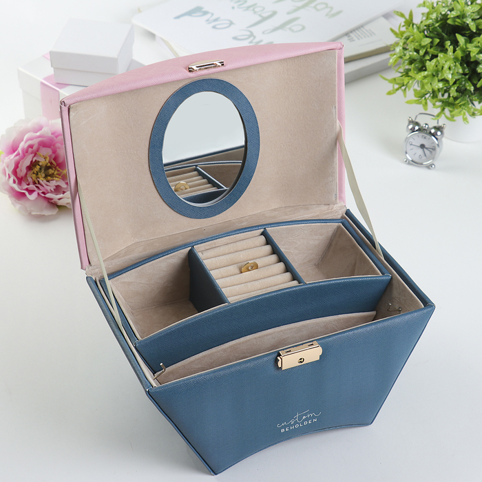 Шкатулка кожзам для украшений "Веер" розово-бирюзовая 14х27х16 см