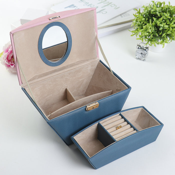 Шкатулка кожзам для украшений "Веер" розово-бирюзовая 14х27х16 см