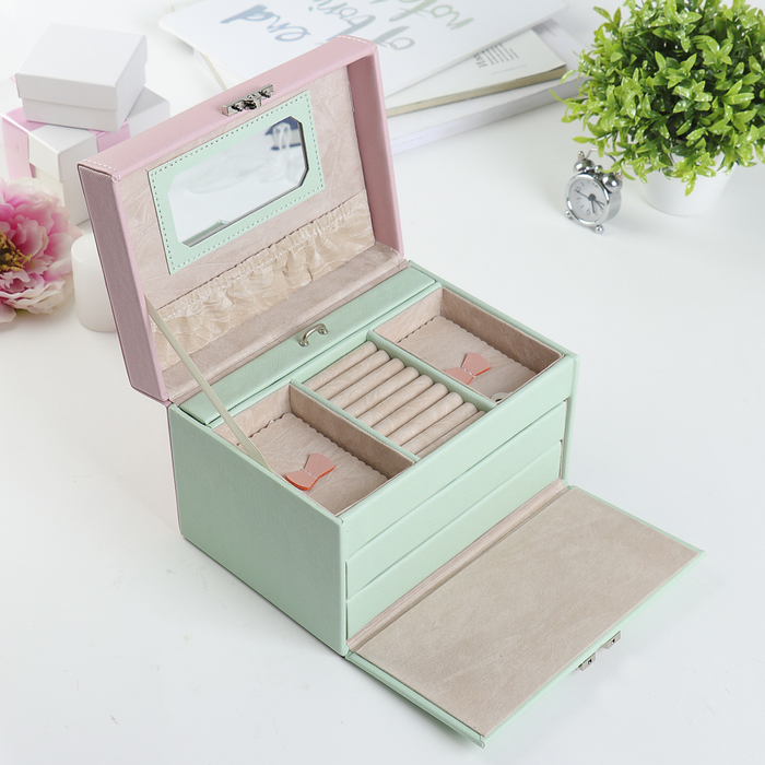 Шкатулка кожзам для украшений "Сердце в точку" розово-зелёная 14х20х15 см