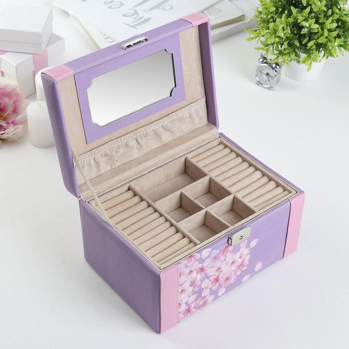 Шкатулка кожзам для украшений "Розовые цветы на сиреневом" 13,5х23х16,5 см