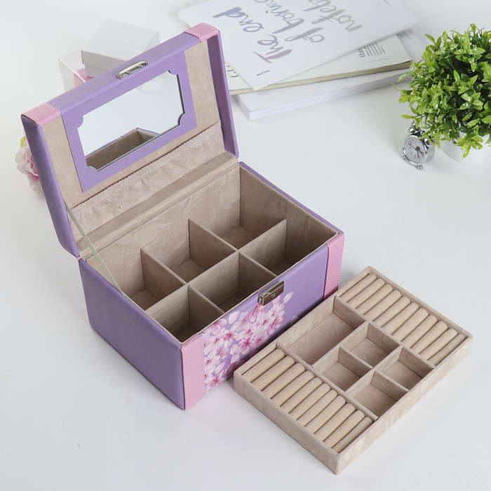 Шкатулка кожзам для украшений "Розовые цветы на сиреневом" 13,5х23х16,5 см