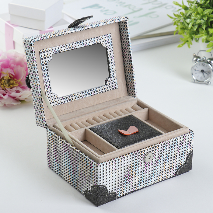 Шкатулка кожзам для украшений "Клеточка" чёрная 9х17х13,5 см