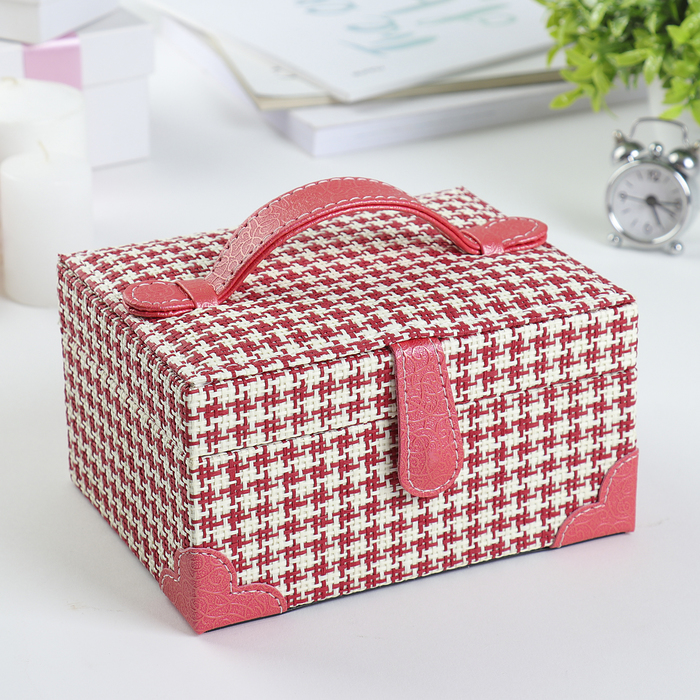 Шкатулка кожзам для украшений "Клеточка" красная 9х17х13,5 см