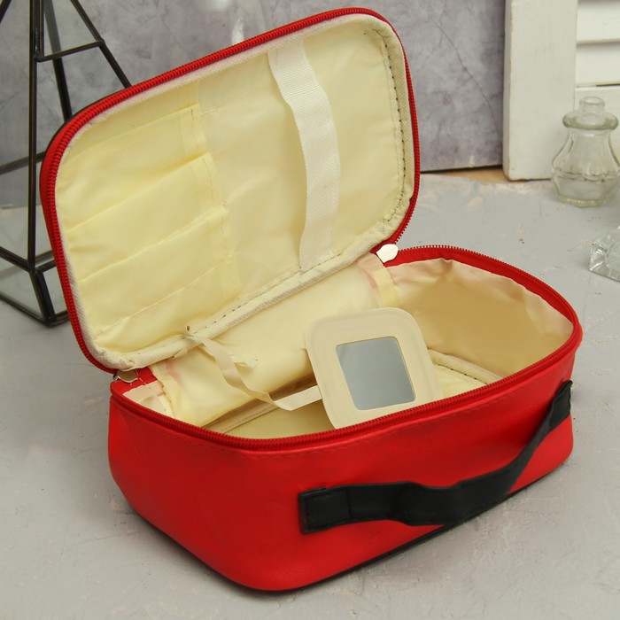 Косметичка-сундучок «Полосы» , отдел на молнии, зеркало, цвет красный