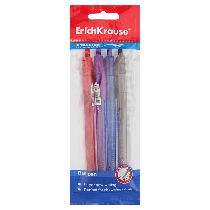 Набор ручек шариковых автоматических 4 цвета Erich Krause Ultra Technology U-28, узел-игла 1.0мм, чернила: синие, фиолетовые, черные, красные, длина линии письма 800м