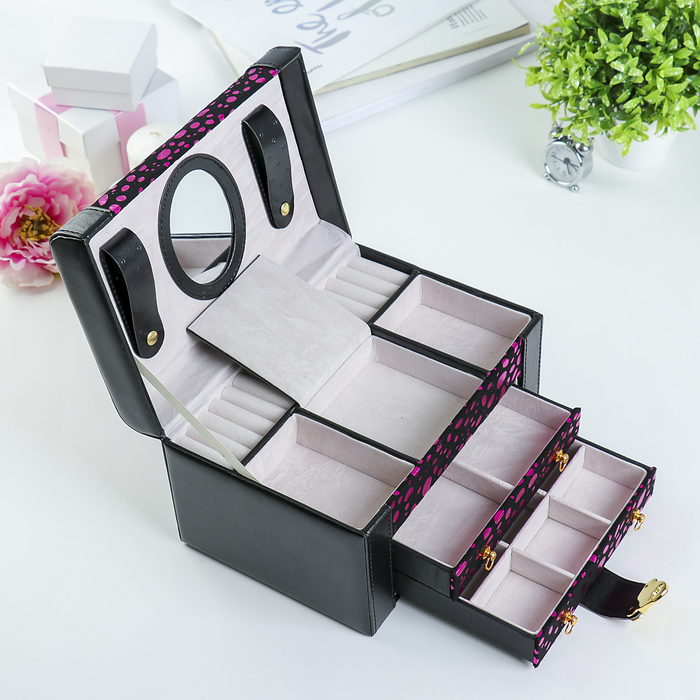 Шкатулка кожзам для украшений "Розовые пятна на чёрном" 14х23,5х16,5 см