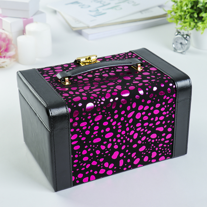 Шкатулка кожзам для украшений "Розовые пятна на чёрном" 14х23,5х16,5 см