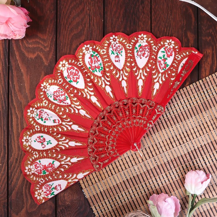 Веер пластик, текстиль "Розы в сердце" с золотом МИКС 23 см