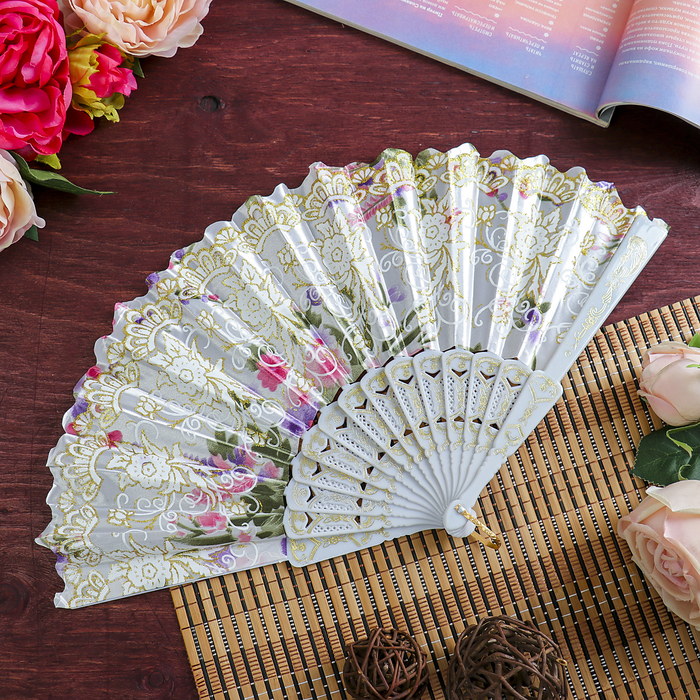 Веер пластик, текстиль "Цветочная феерия" с золотом МИКС 23 см