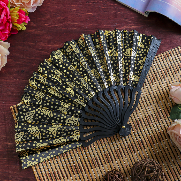 Веер пластик, текстиль "Бабочки и горошек" МИКС 23 см