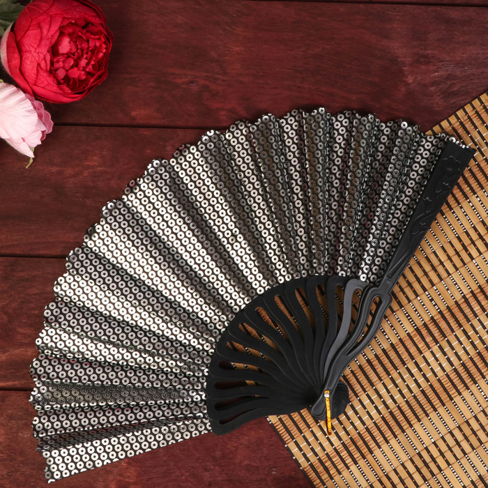 Веер пластик, текстиль "Горошек" изгиб МИКС 23 см