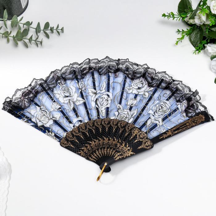 Веер пластик, текстиль "Розы с кружевом" золото МИКС 23 см