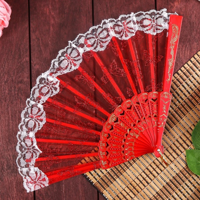 Веер пластик, текстиль "Бабочки с кружевом" золото МИКС 23 см