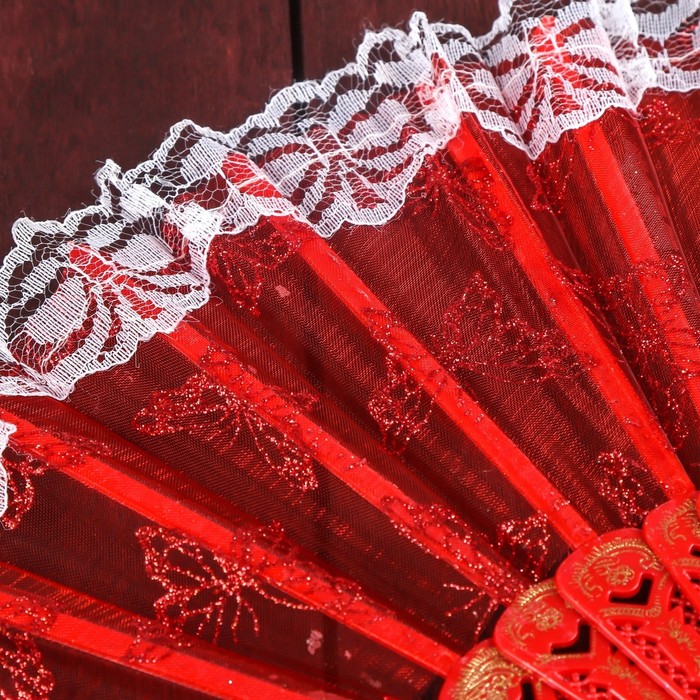 Веер пластик, текстиль "Бабочки с кружевом" золото МИКС 23 см