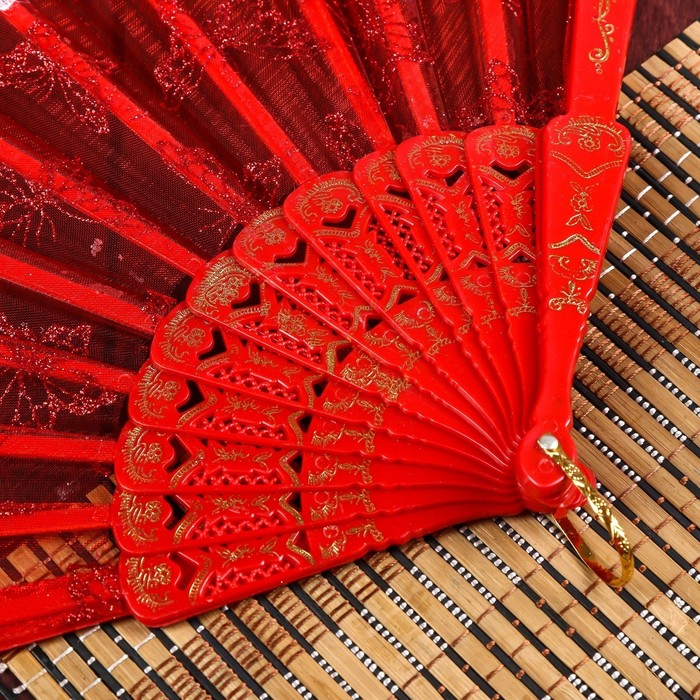 Веер пластик, текстиль "Бабочки с кружевом" золото МИКС 23 см