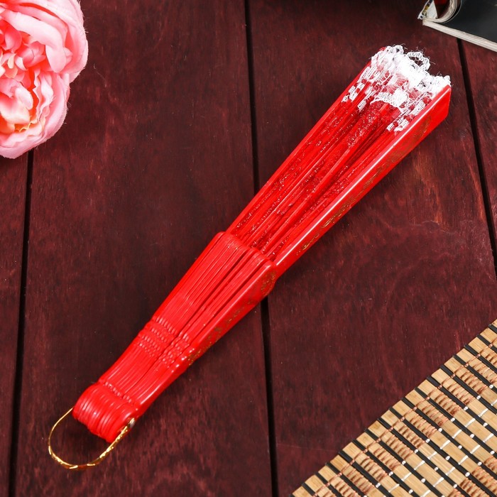 Веер пластик, текстиль "Бабочки с кружевом" золото МИКС 23 см