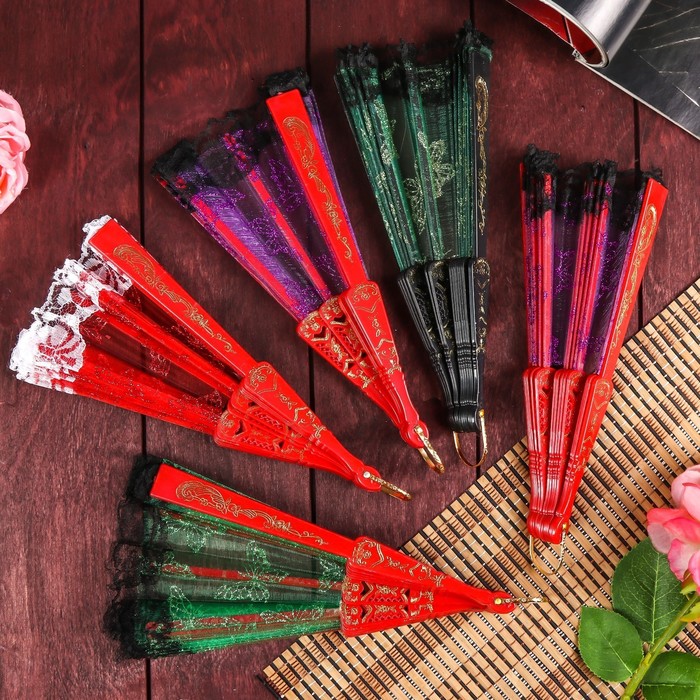 Веер пластик, текстиль "Бабочки с кружевом" золото МИКС 23 см