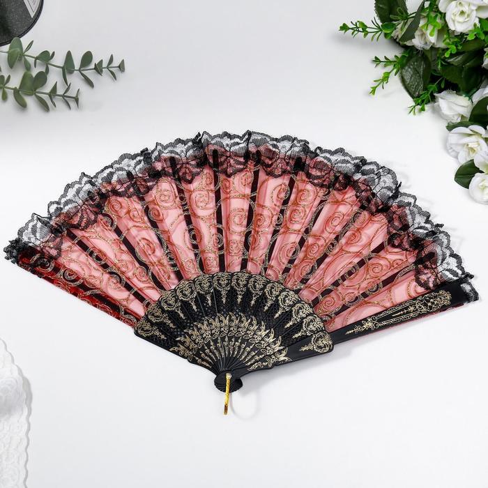 Веер пластик, текстиль "Вьюны с кружевом" золото МИКС 23 см