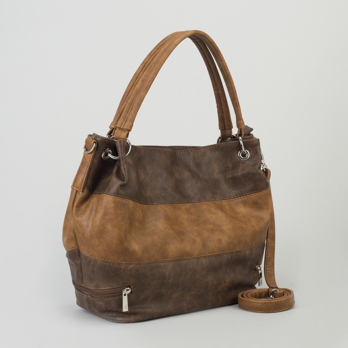 Сумка женская, отдел на молнии, наружный карман, длинный ремень, цвет коричневый/бежевый