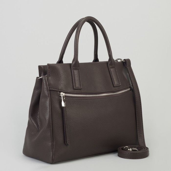 Сумка женская, 2 отдела на молнии, 2 наружных кармана, длинный ремень, цвет коричневый