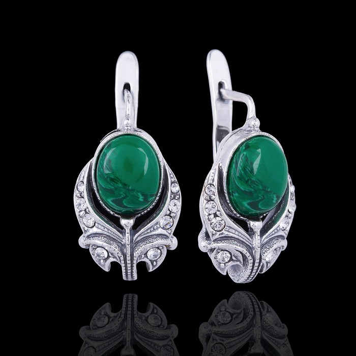 Серьги "Мотив", цвет бело-зелёный в чернёном серебре