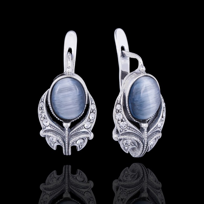 Серьги "Мотив", цвет бело-серый в чернёнм серебре