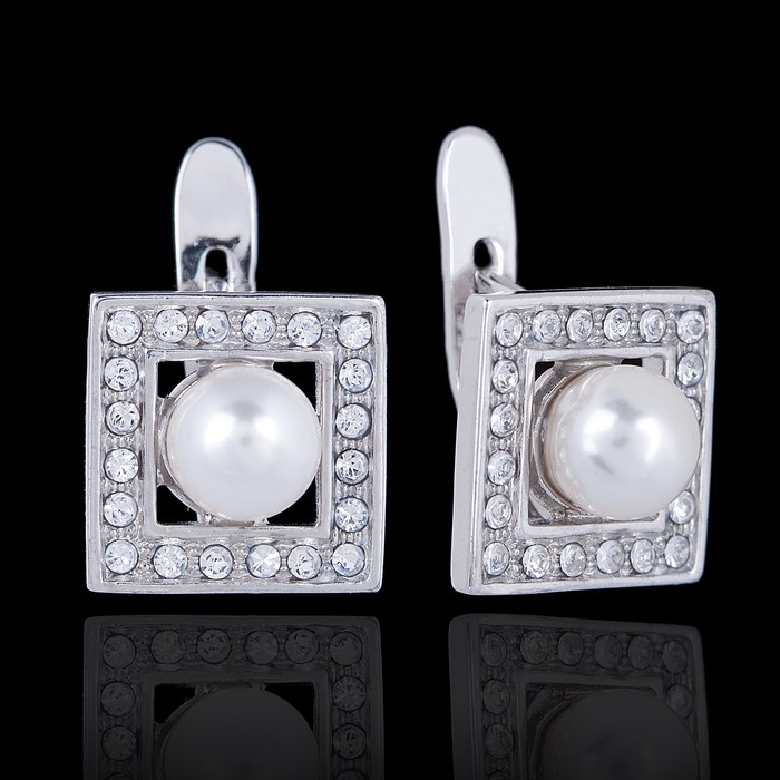 Серьги "Квадрат", цвет белый в чернёном серебре
