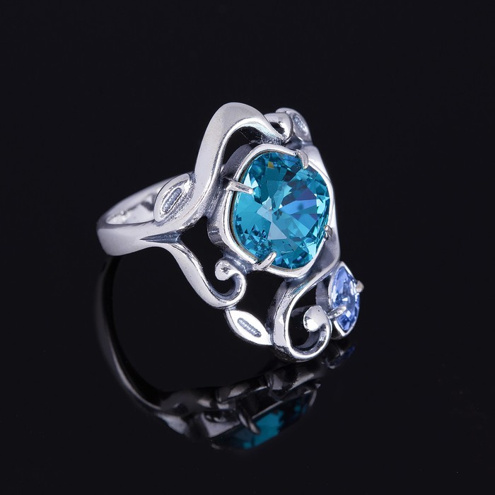 Кольцо "Олеандр", размер 17, цвет голубой в чернёном серебре