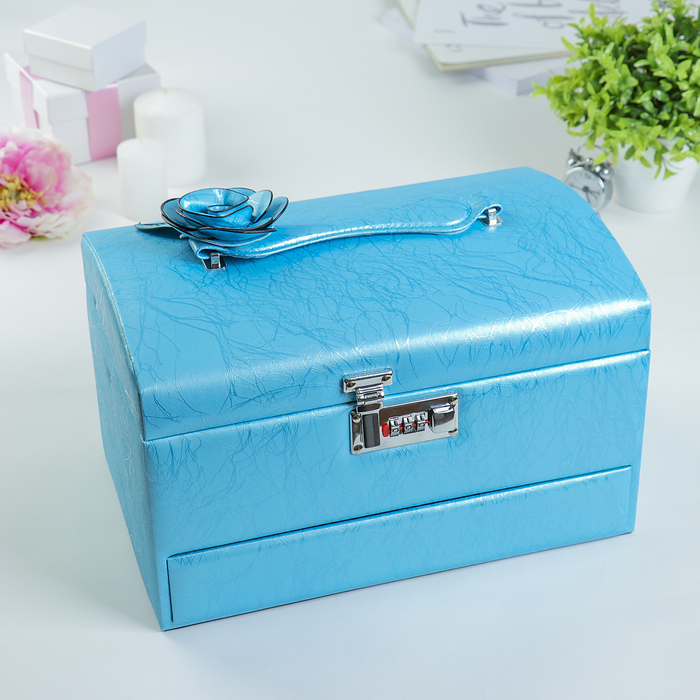Шкатулка кожзам с отделениями под бижутерию "Крупная роза" голубая 19х30х20 см