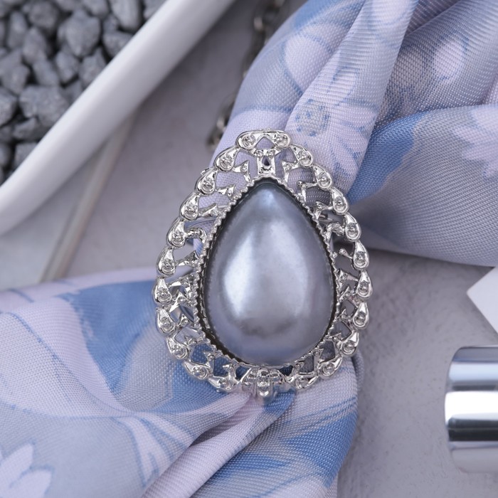 Кольцо для платка "Барокко" капля, цвет серый в серебре