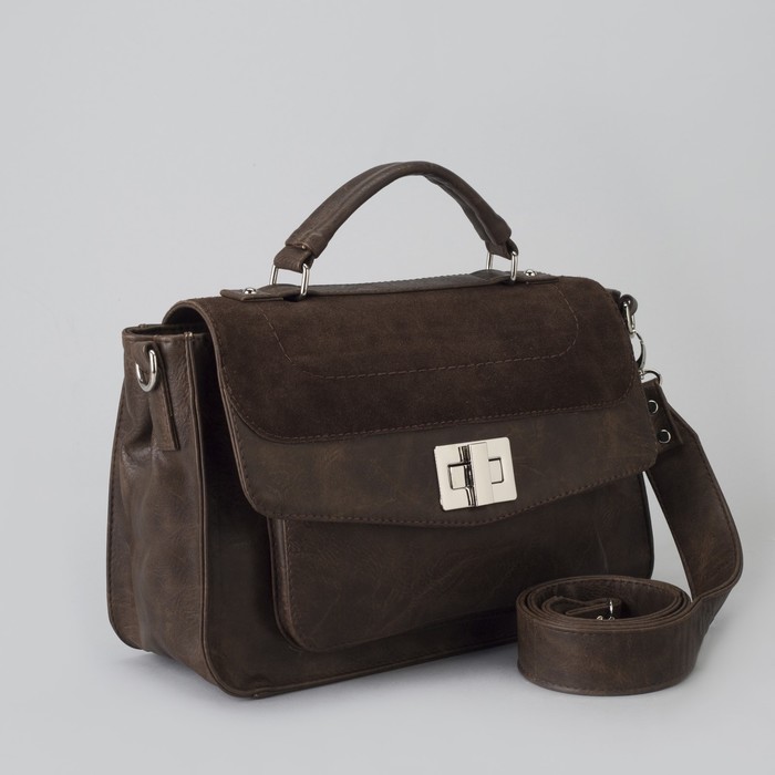 Сумка женская, отдел на клапане, 2 наружных кармана, длинный ремень, цвет коричневый