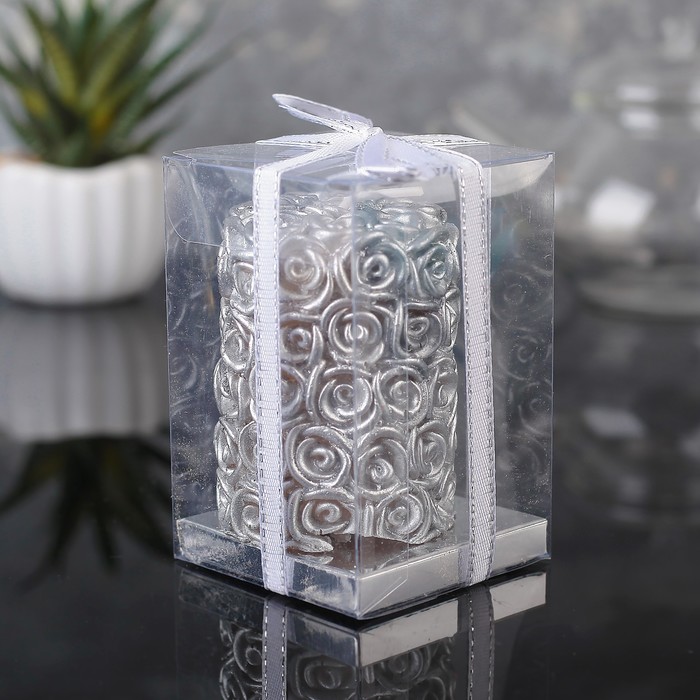 Свеча цилиндр 4,5х7см "Цветочная", серебро