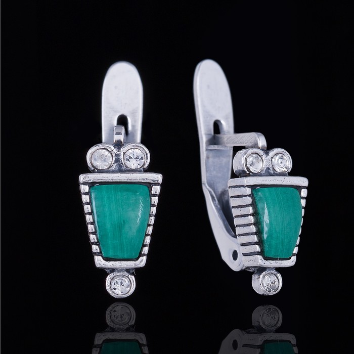 Серьги "Финит", цвет бело-зелёный в чернёном серебре